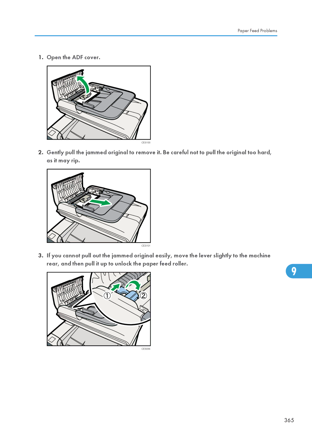 Ricoh SP C240SF, C242SF operating instructions Open the ADF cover, 365 