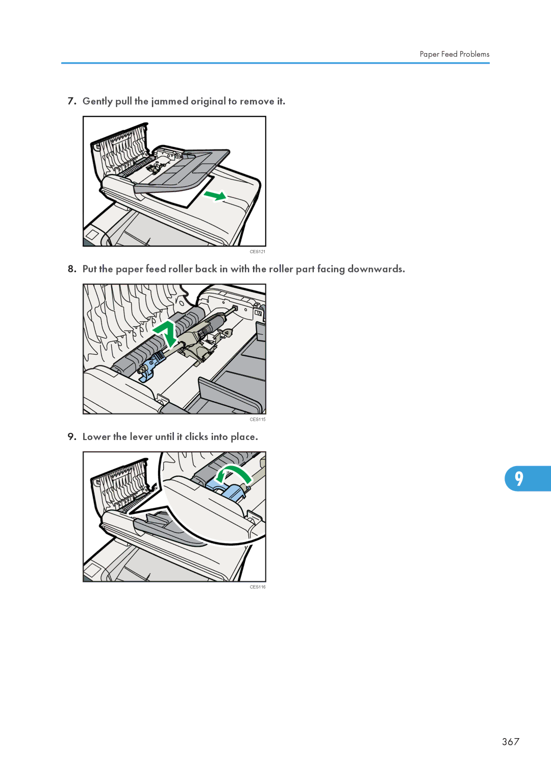 Ricoh SP C240SF, C242SF operating instructions Lower the lever until it clicks into place, 367 