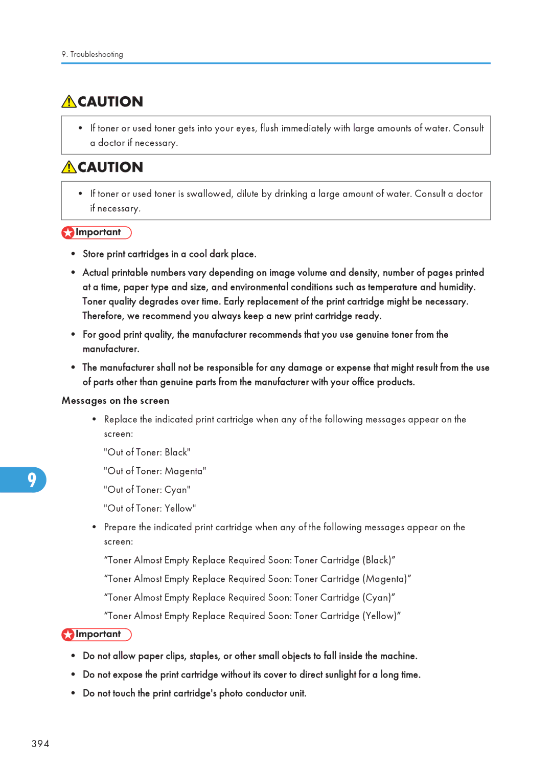 Ricoh C242SF, SP C240SF operating instructions Store print cartridges in a cool dark place, 394 