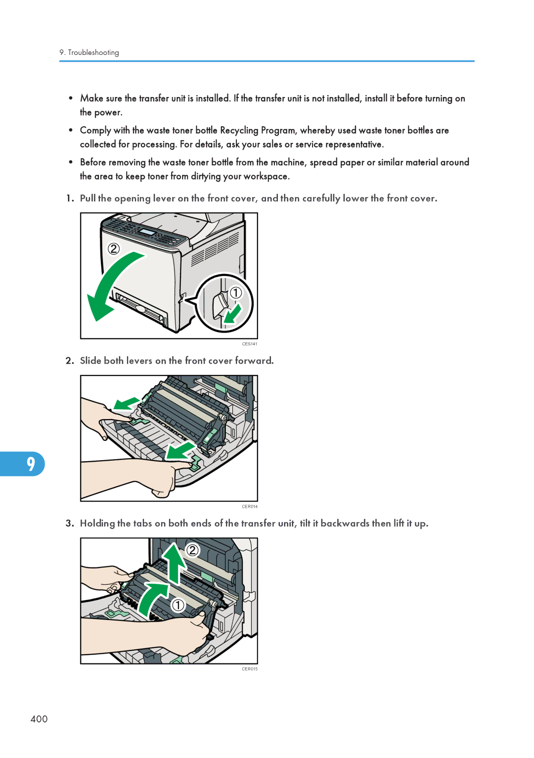 Ricoh C242SF, SP C240SF operating instructions Slide both levers on the front cover forward, 400 