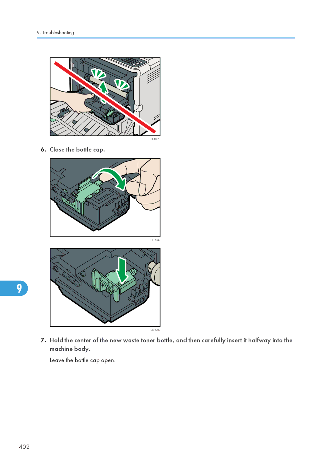 Ricoh C242SF, SP C240SF operating instructions Close the bottle cap, Leave the bottle cap open 402 