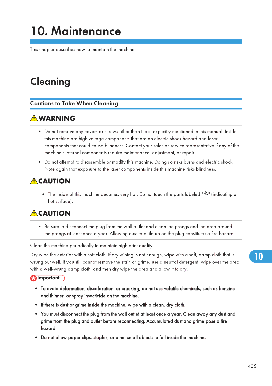 Ricoh SP C240SF, C242SF operating instructions Cleaning, This chapter describes how to maintain the machine 