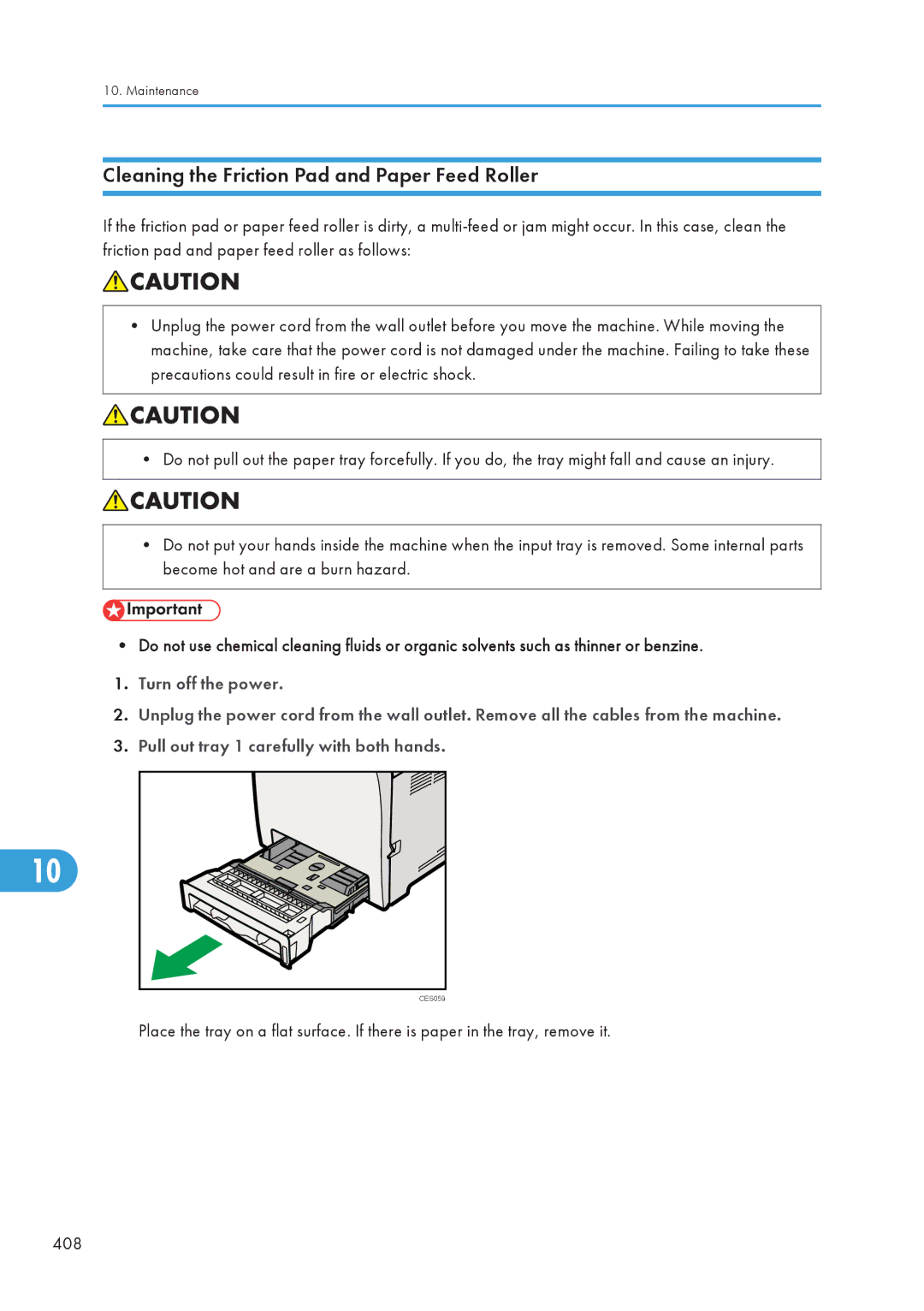 Ricoh C242SF, SP C240SF operating instructions Cleaning the Friction Pad and Paper Feed Roller 