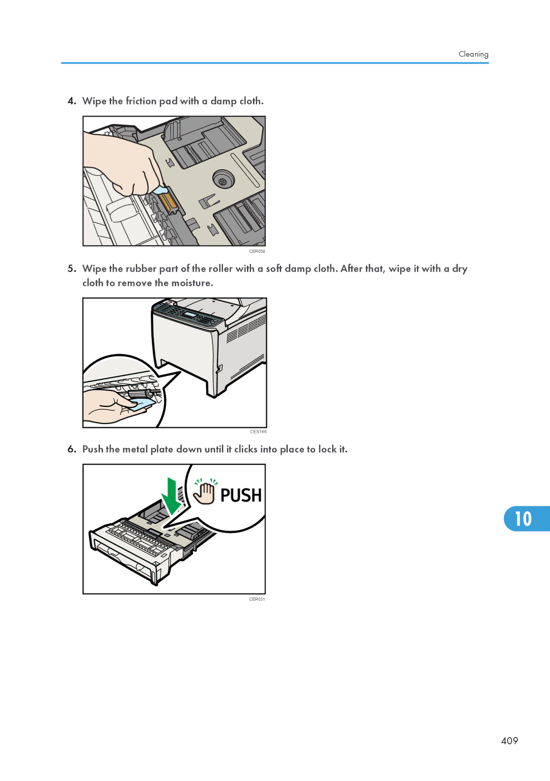 Ricoh SP C240SF, C242SF operating instructions Wipe the friction pad with a damp cloth, 409 