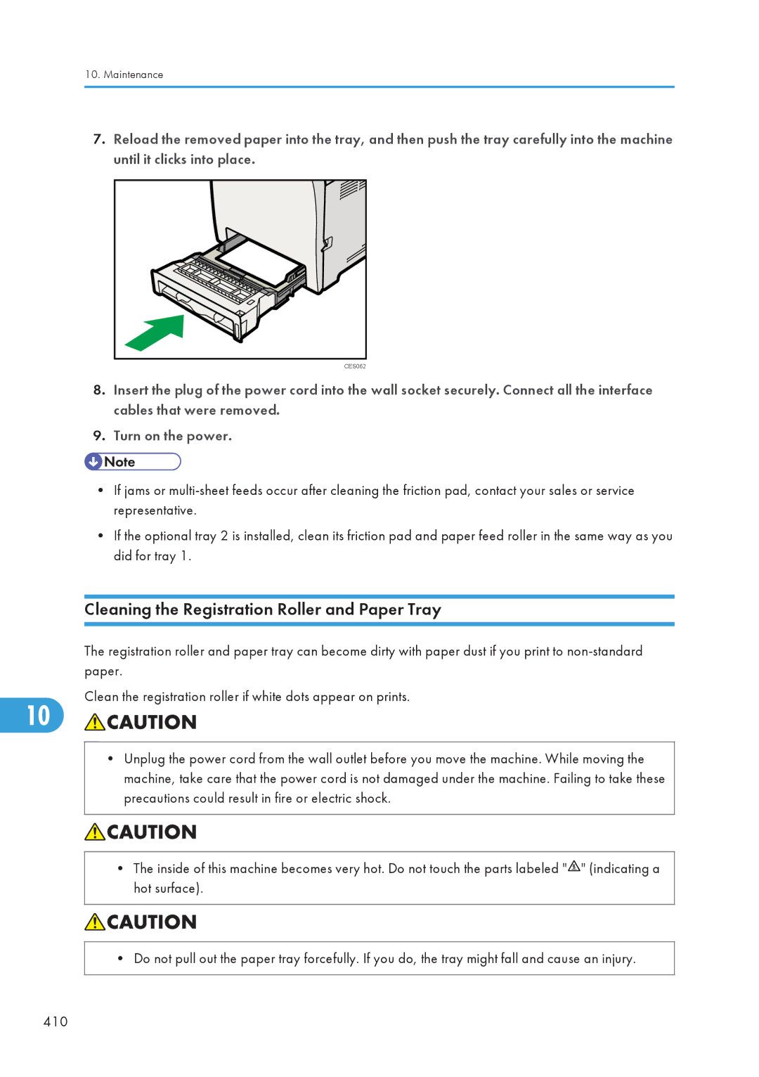 Ricoh C242SF, SP C240SF operating instructions Cleaning the Registration Roller and Paper Tray 