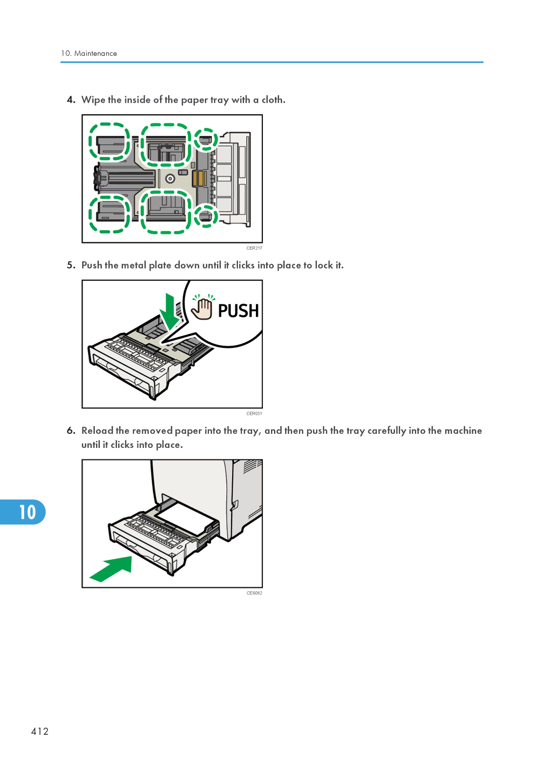 Ricoh C242SF, SP C240SF operating instructions Wipe the inside of the paper tray with a cloth, 412 