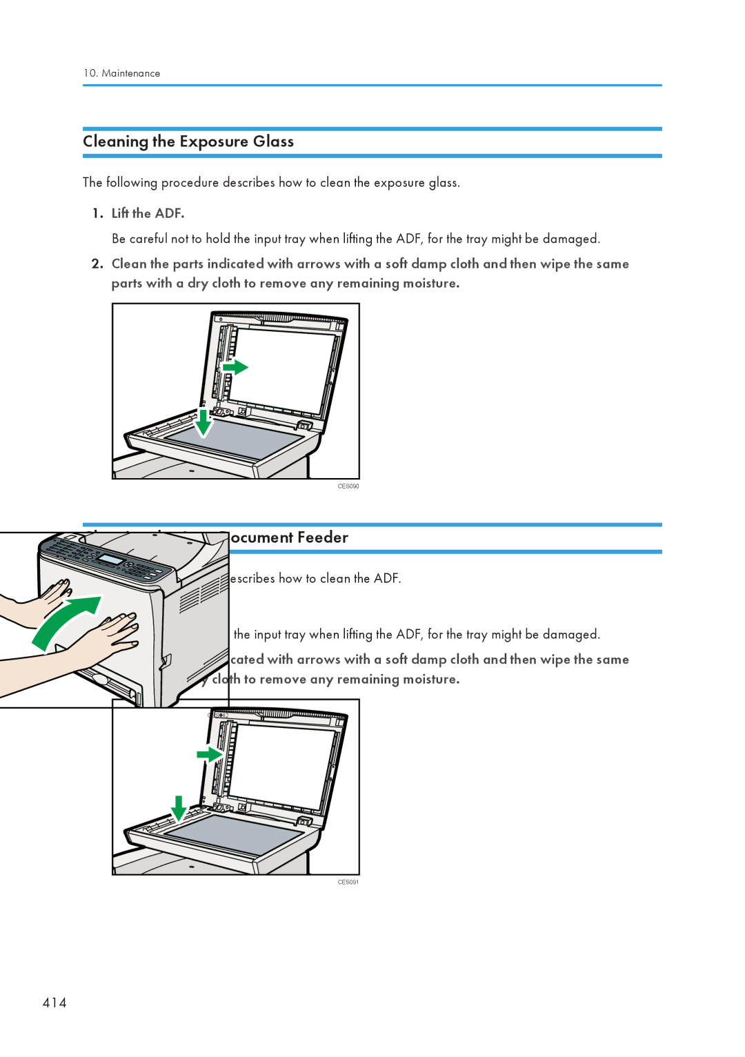 Ricoh C242SF, SP C240SF operating instructions Cleaning the Exposure Glass, Cleaning the Auto Document Feeder 