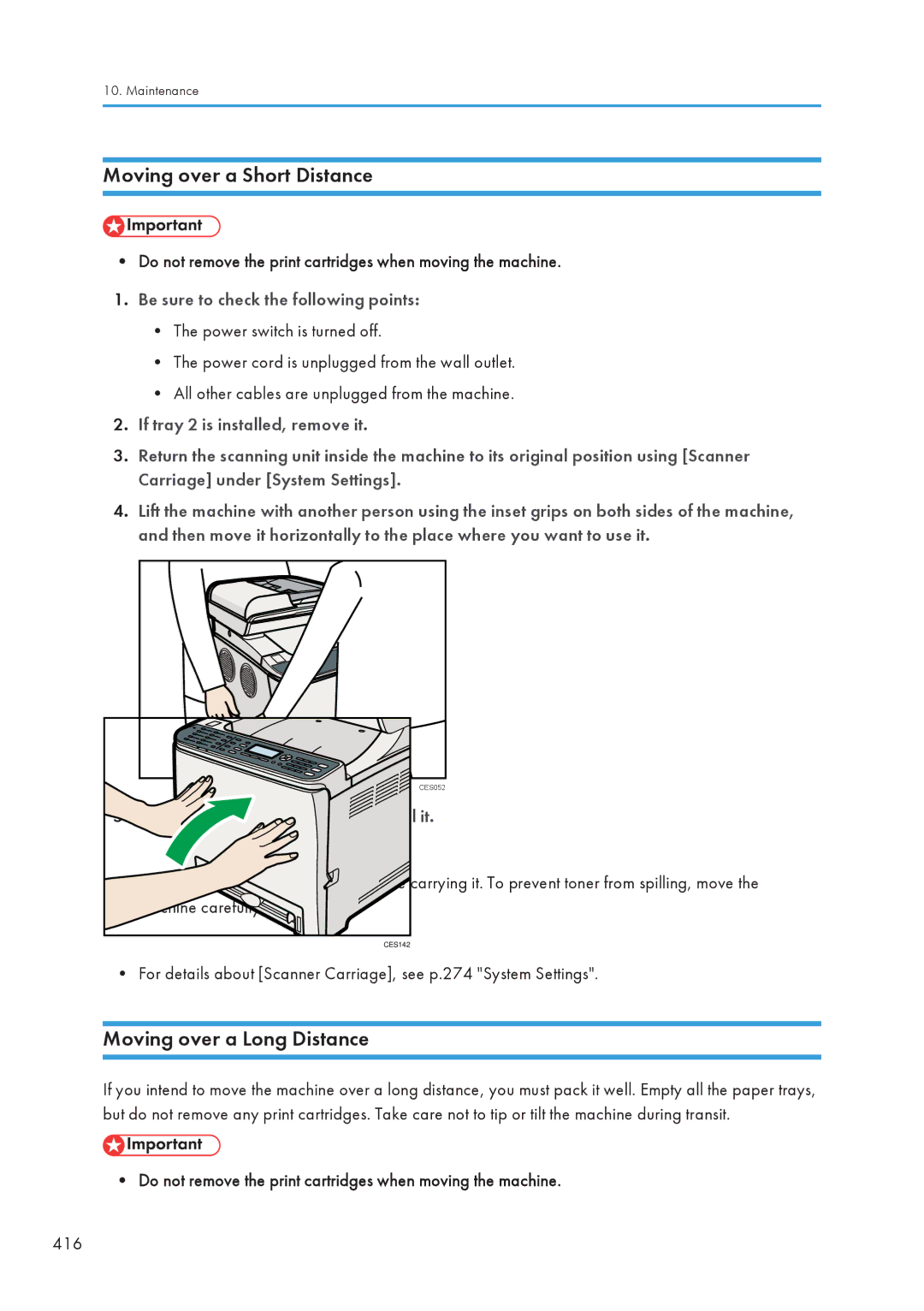 Ricoh C242SF, SP C240SF Moving over a Short Distance, Moving over a Long Distance, Be sure to check the following points 