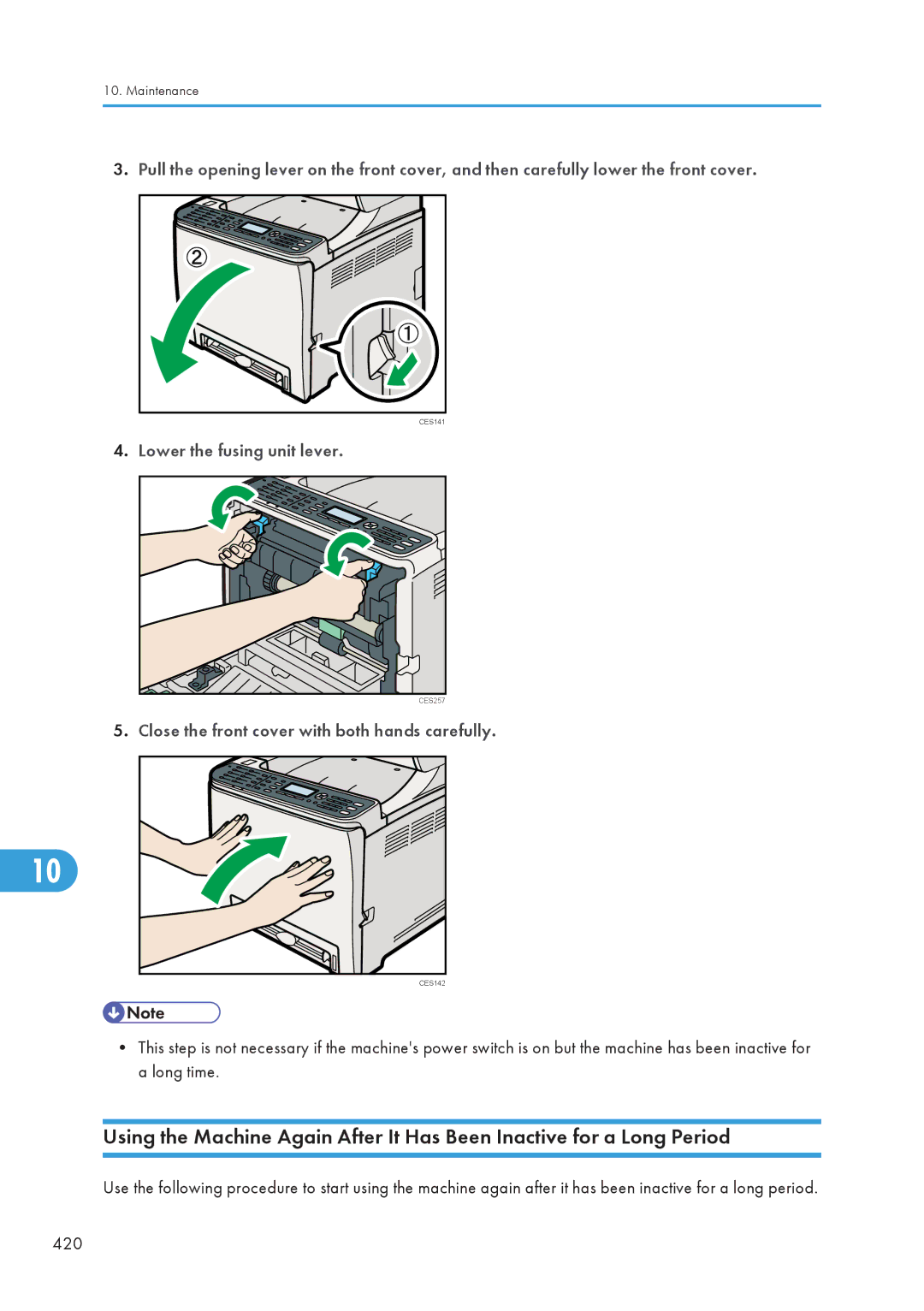 Ricoh C242SF, SP C240SF operating instructions Lower the fusing unit lever, Close the front cover with both hands carefully 