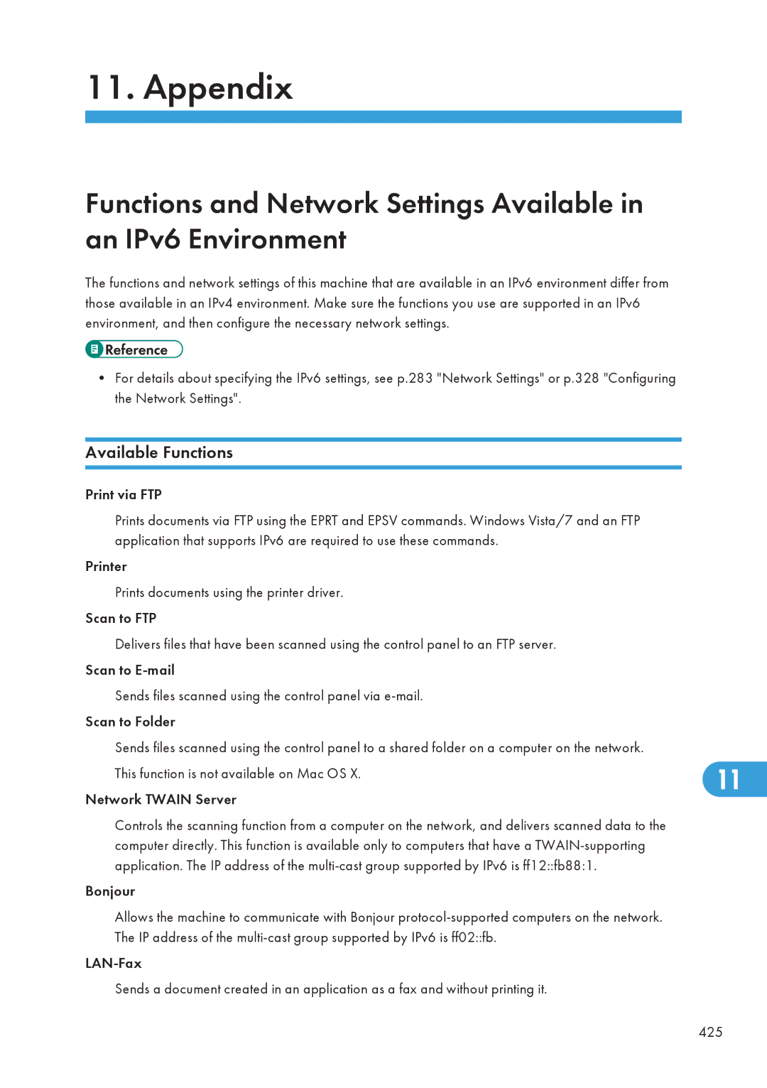 Ricoh SP C240SF, C242SF operating instructions Available Functions, Print via FTP 