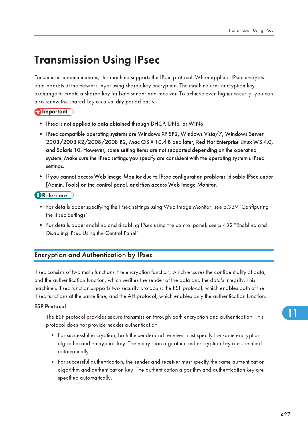 Ricoh SP C240SF, C242SF Transmission Using IPsec, Encryption and Authentication by IPsec, ESP Protocol 