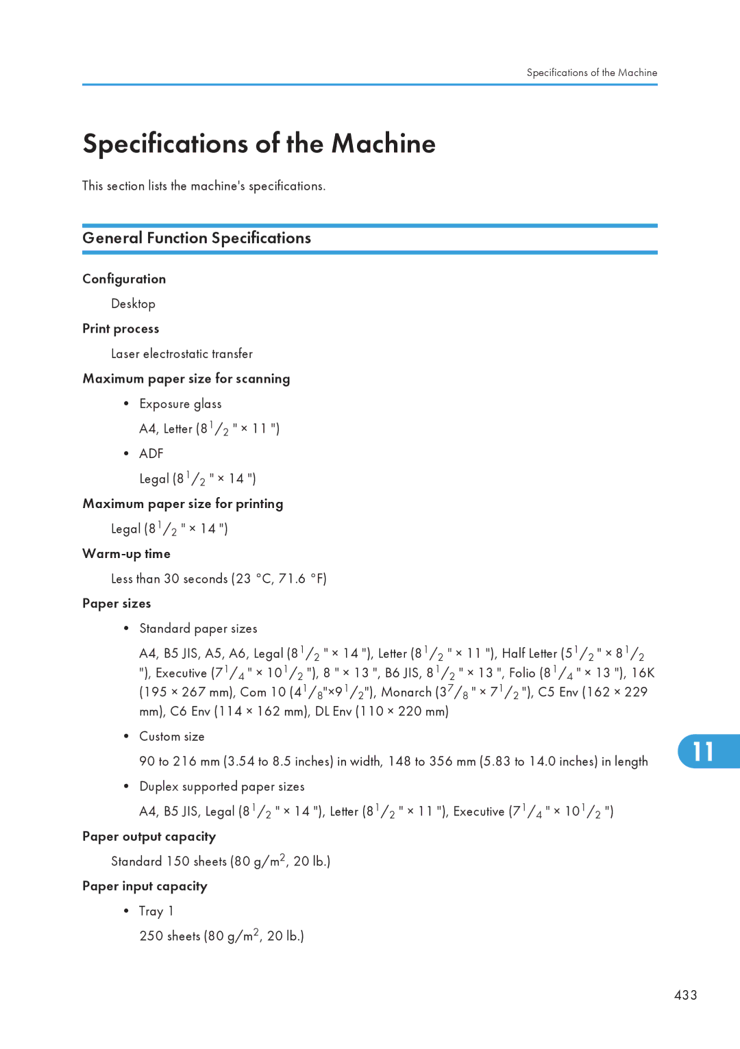 Ricoh SP C240SF, C242SF operating instructions Specifications of the Machine, General Function Specifications 