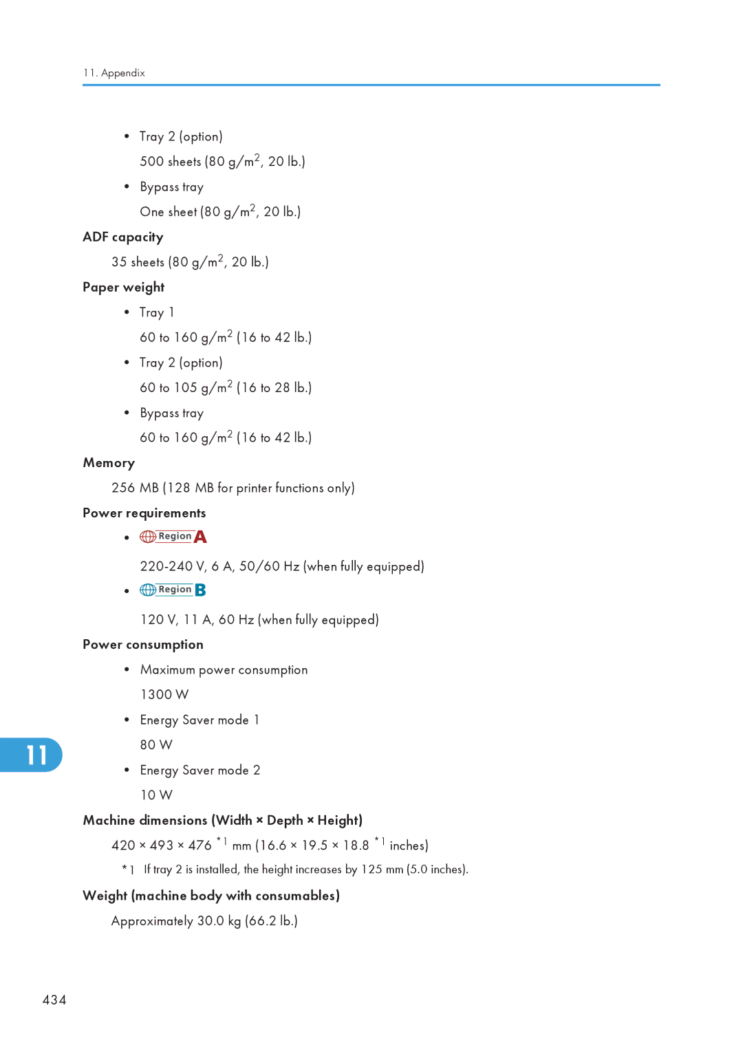 Ricoh C242SF, SP C240SF operating instructions 420 × 493 × 476 *1 mm 16.6 × 19.5 × 18.8 *1 inches 