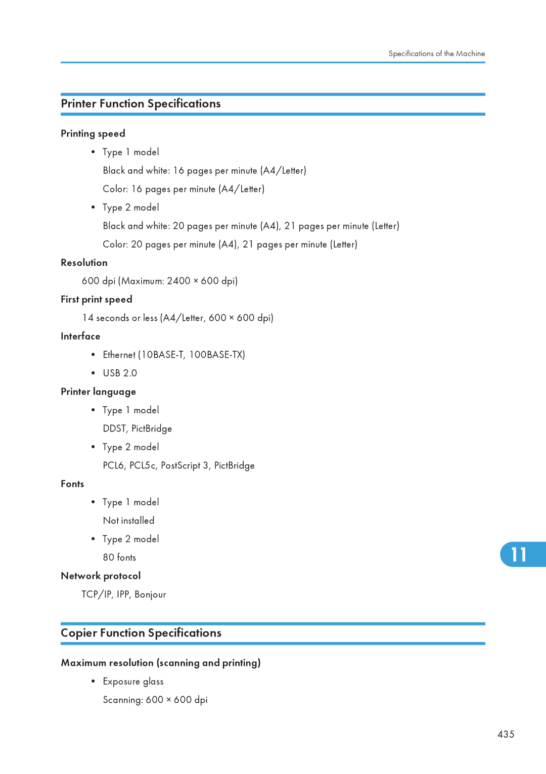 Ricoh SP C240SF Printer Function Specifications, Copier Function Specifications, Maximum resolution scanning and printing 