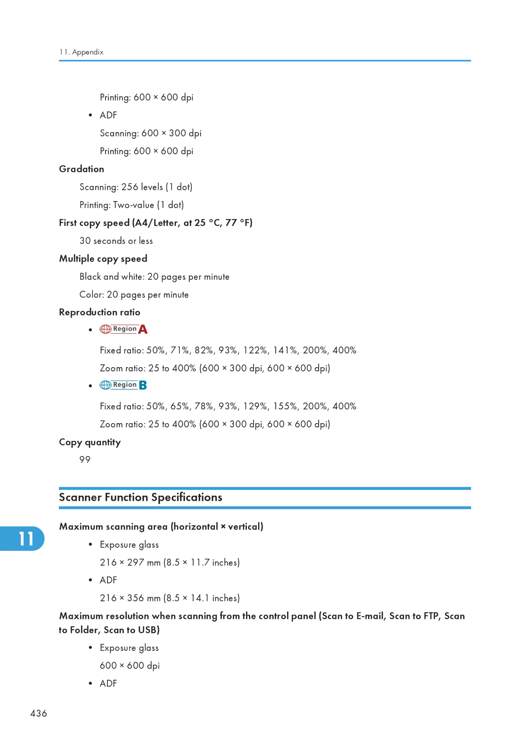 Ricoh C242SF, SP C240SF operating instructions Scanner Function Specifications, Printing 600 × 600 dpi 