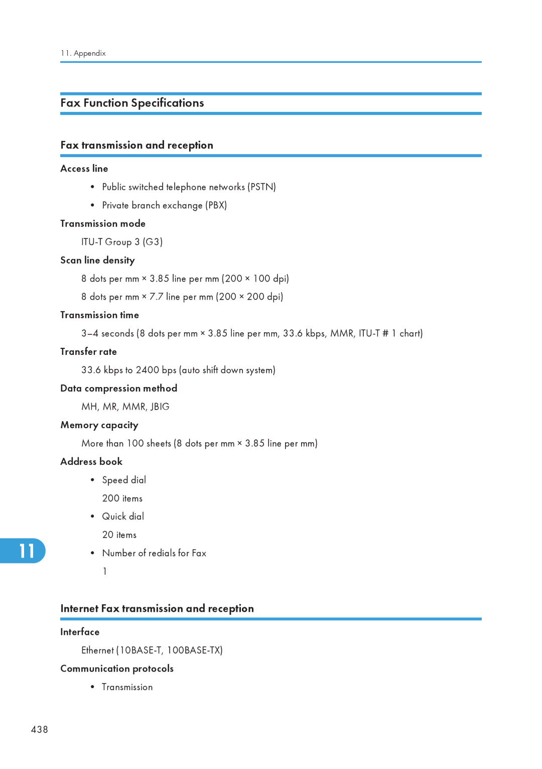 Ricoh C242SF, SP C240SF operating instructions Fax Function Specifications, Internet Fax transmission and reception 