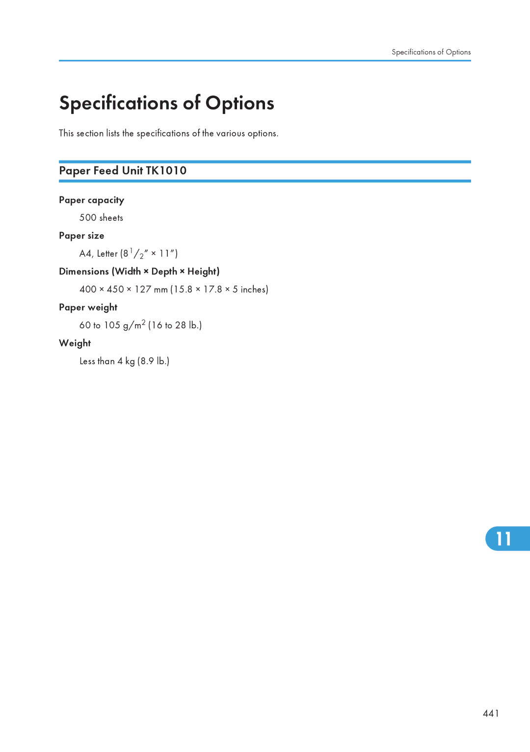 Ricoh SP C240SF, C242SF Specifications of Options, Paper Feed Unit TK1010, Paper capacity Sheets Paper size 