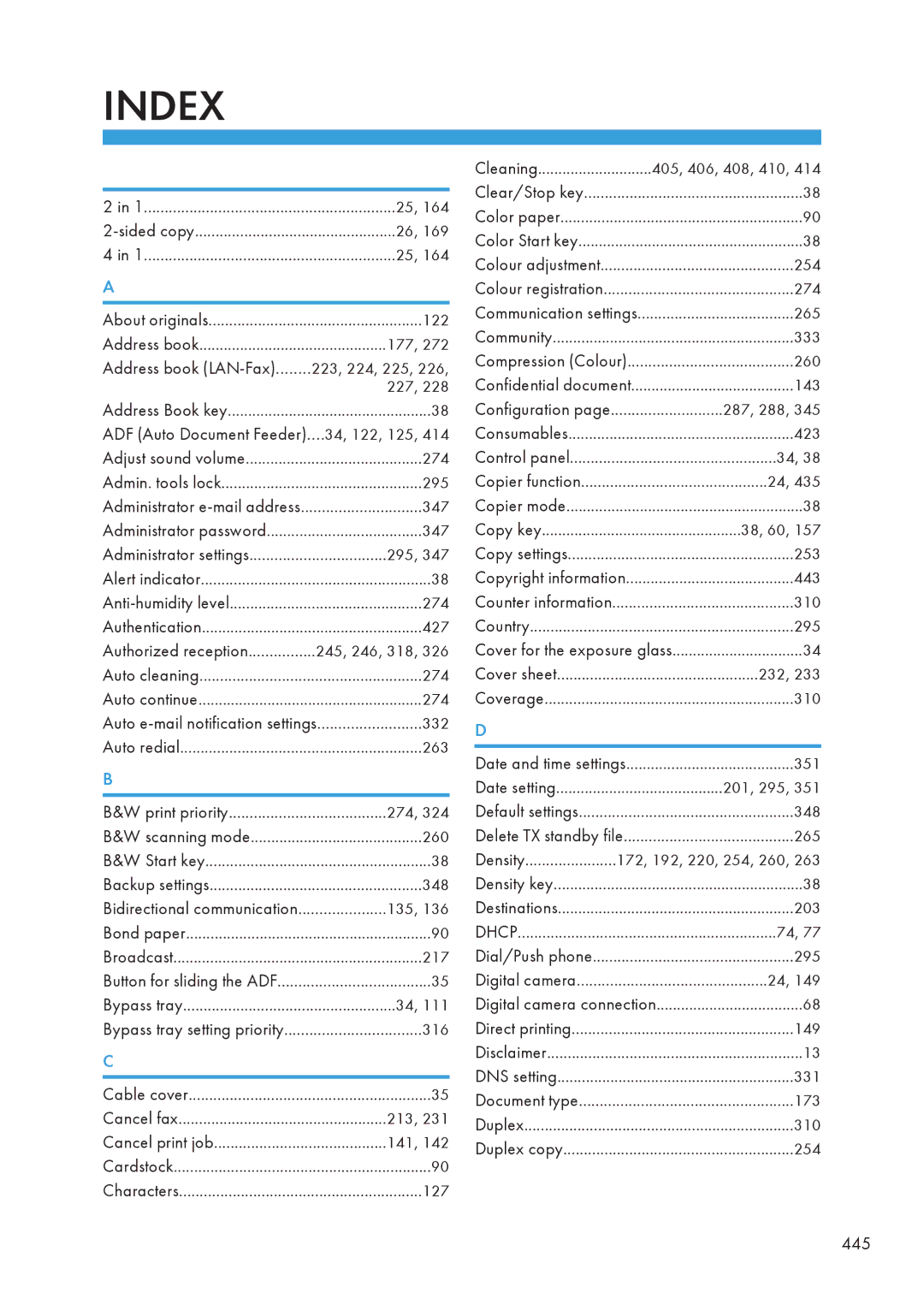 Ricoh SP C240SF, C242SF operating instructions Index 