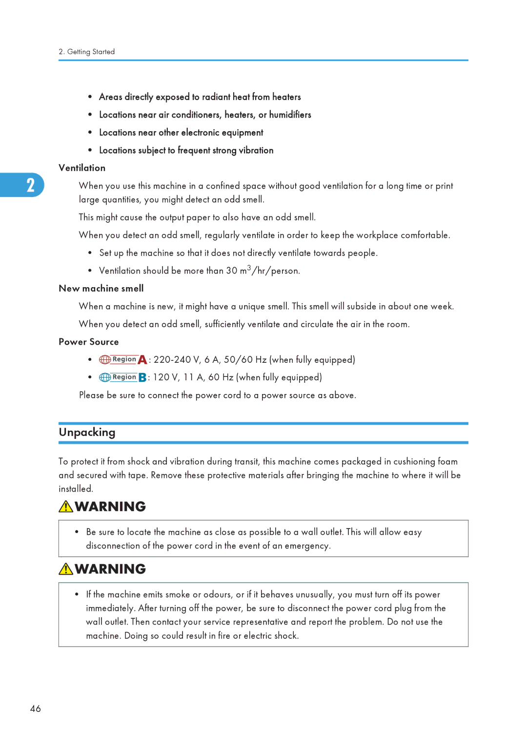 Ricoh C242SF, SP C240SF operating instructions Unpacking, Large quantities, you might detect an odd smell 