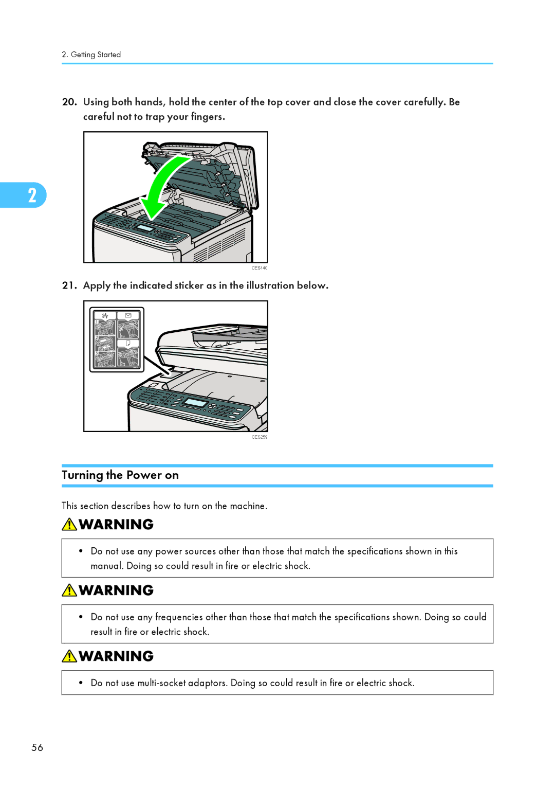 Ricoh C242SF, SP C240SF Turning the Power on, Apply the indicated sticker as in the illustration below 