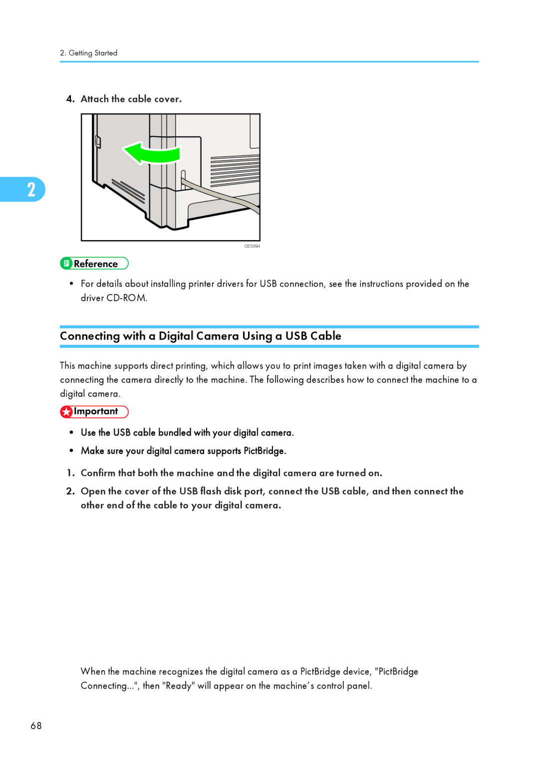 Ricoh C242SF, SP C240SF operating instructions Connecting with a Digital Camera Using a USB Cable, Attach the cable cover 