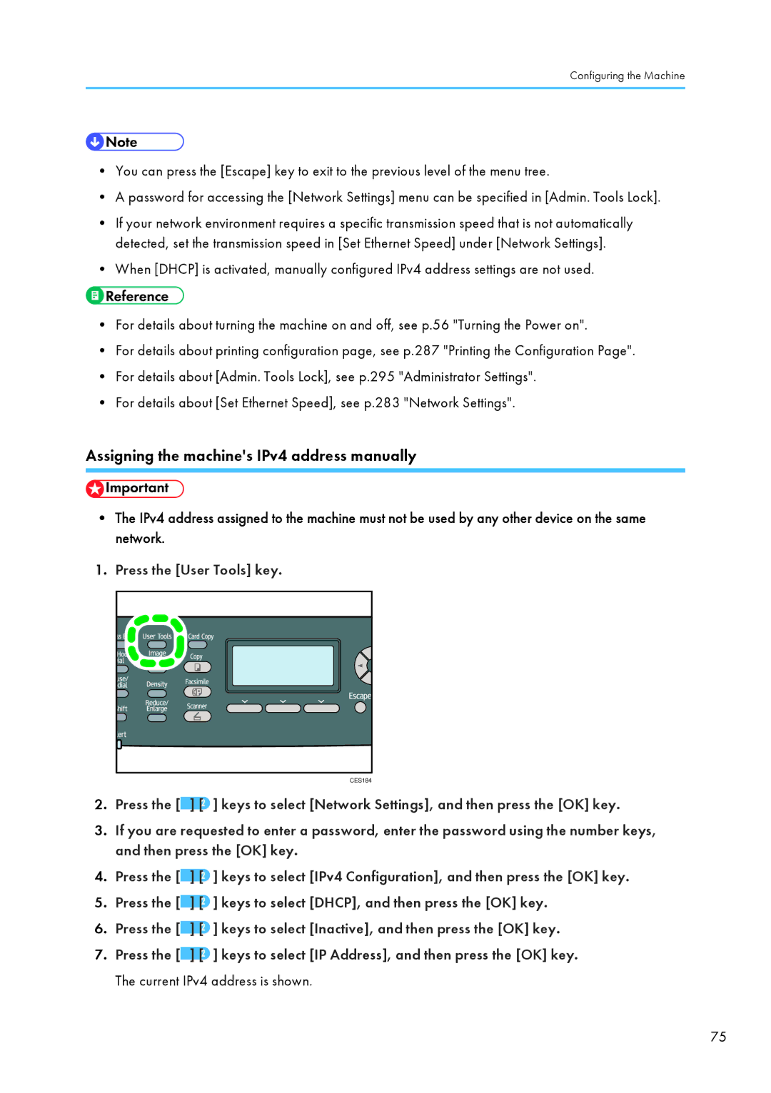 Ricoh SP C240SF, C242SF operating instructions Assigning the machines IPv4 address manually 