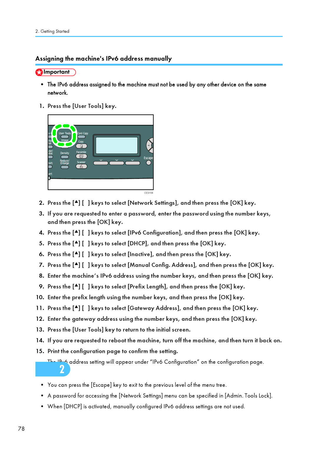 Ricoh C242SF, SP C240SF operating instructions Assigning the machines IPv6 address manually 