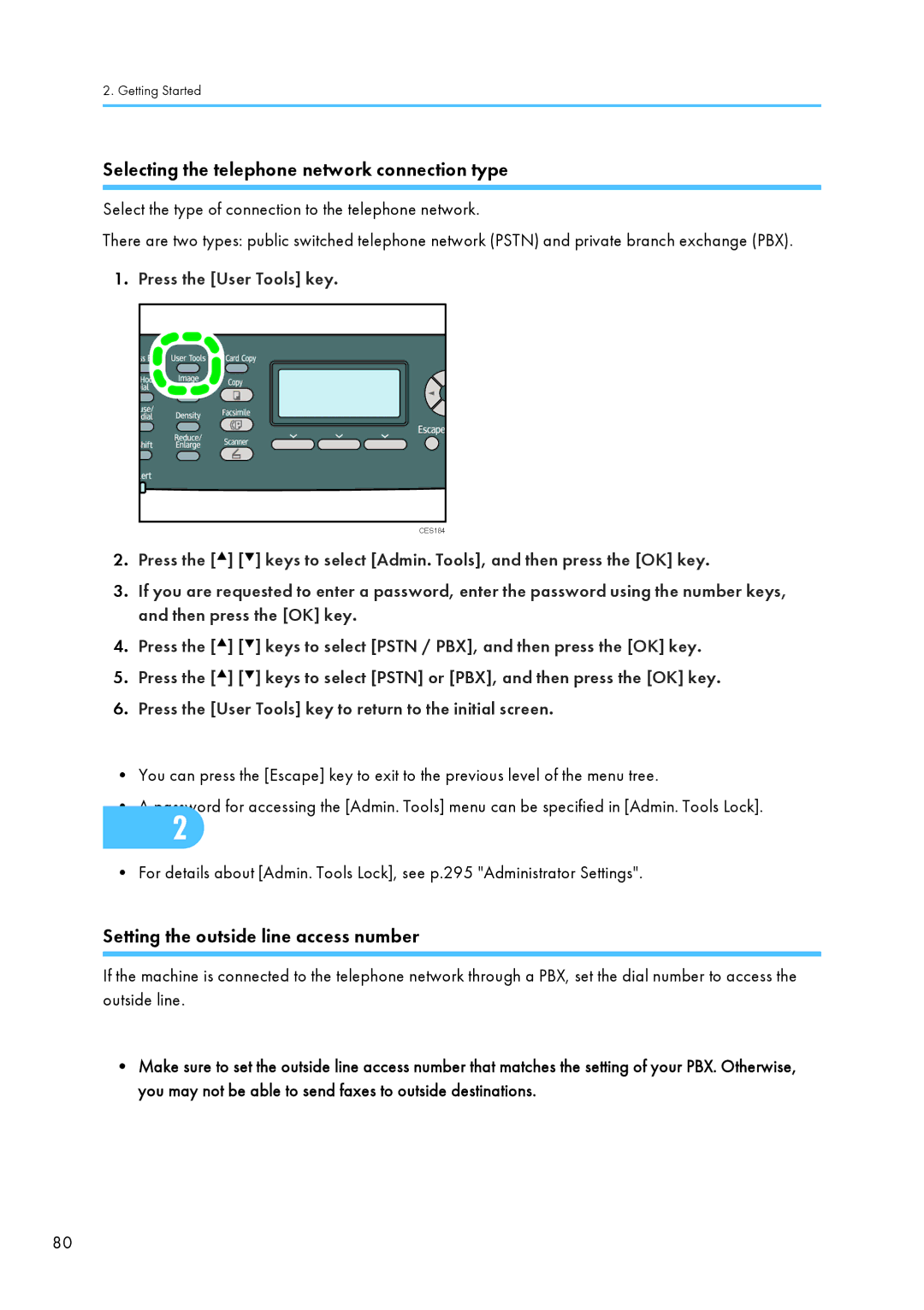 Ricoh C242SF, SP C240SF Selecting the telephone network connection type, Setting the outside line access number 