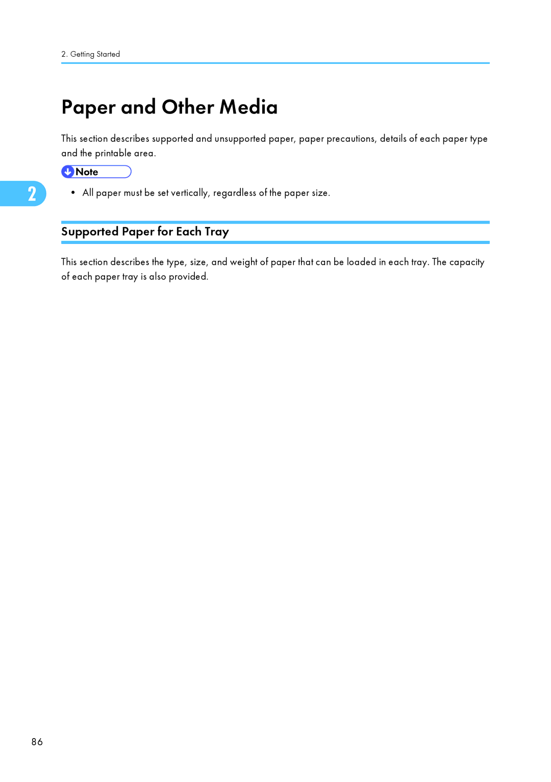 Ricoh C242SF, SP C240SF operating instructions Paper and Other Media, Supported Paper for Each Tray 