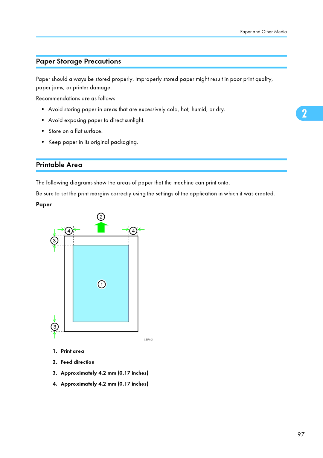 Ricoh SP C240SF, C242SF operating instructions Paper Storage Precautions, Printable Area 