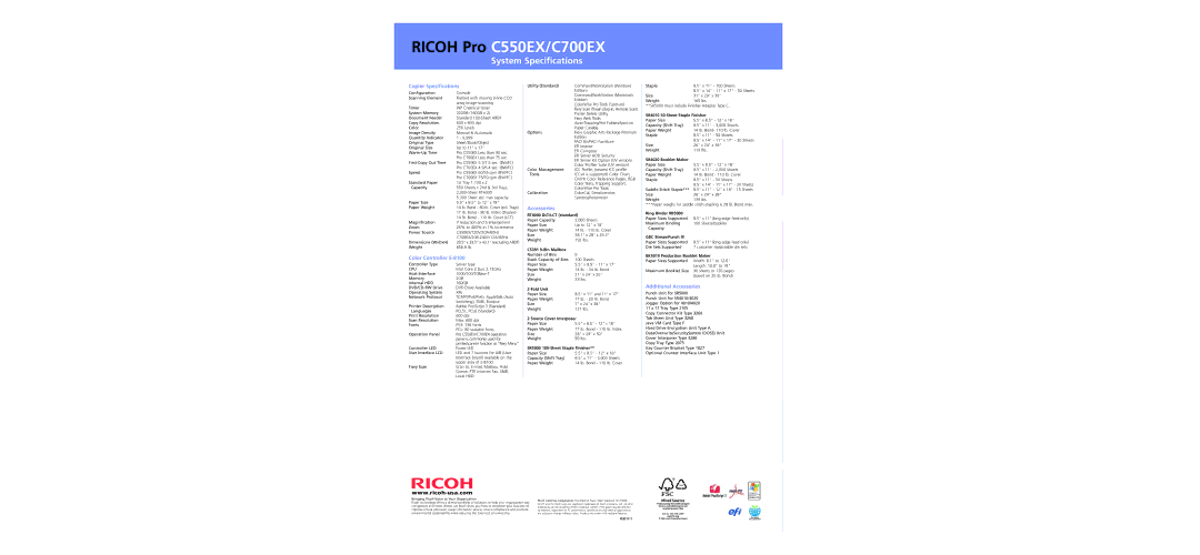 Ricoh specifications Ricoh Pro C550EX/C700EX, Copier Specifications, Color Controller E-8100, Additional Accessories 