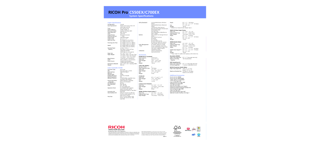 Ricoh RICOH Pro C550EX/C700EX, System Specifications, Copier Specifications, Color Controller E-8100, Accessories 