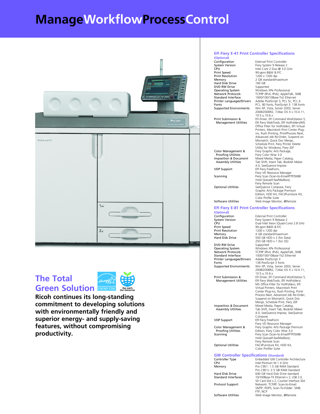 Ricoh C901S ManageWorkflowProcessControl, The Total Green Solution, EFI Fiery E-41 Print Controller Specifications 