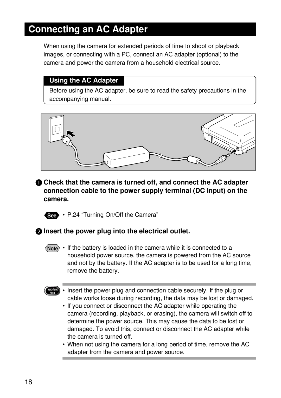 Ricoh CAMERA RDC-i500 operation manual Connecting an AC Adapter, Insert the power plug into the electrical outlet 