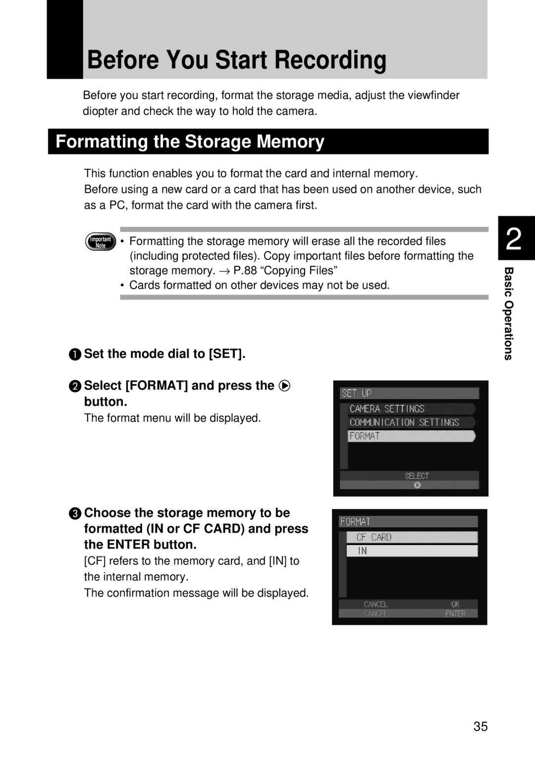 Ricoh CAMERA RDC-i500 operation manual Before You Start Recording, Formatting the Storage Memory 