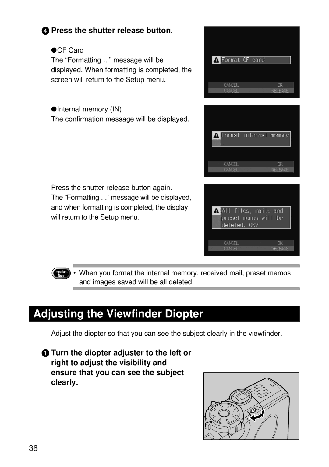 Ricoh CAMERA RDC-i500 operation manual Adjusting the Viewfinder Diopter, Press the shutter release button 