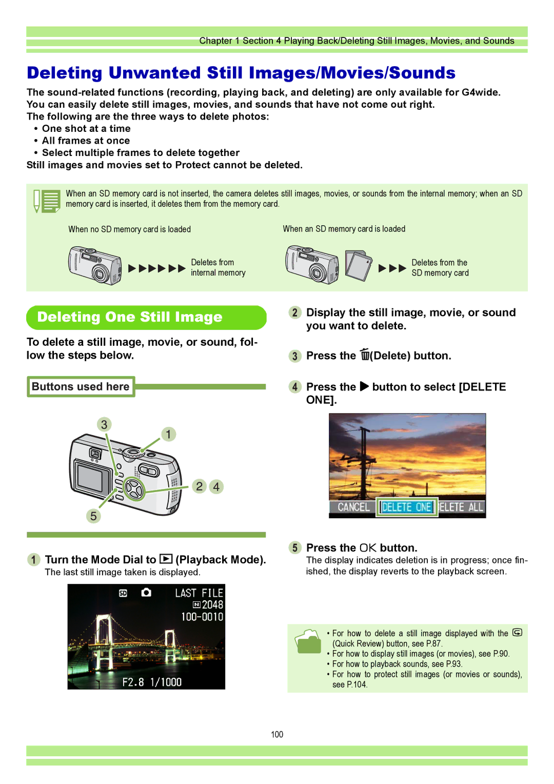 Ricoh CAPLIO G4 WIDE, CAPLIOG4 operation manual Deleting Unwanted Still Images/Movies/Sounds, Deleting One Still Image 