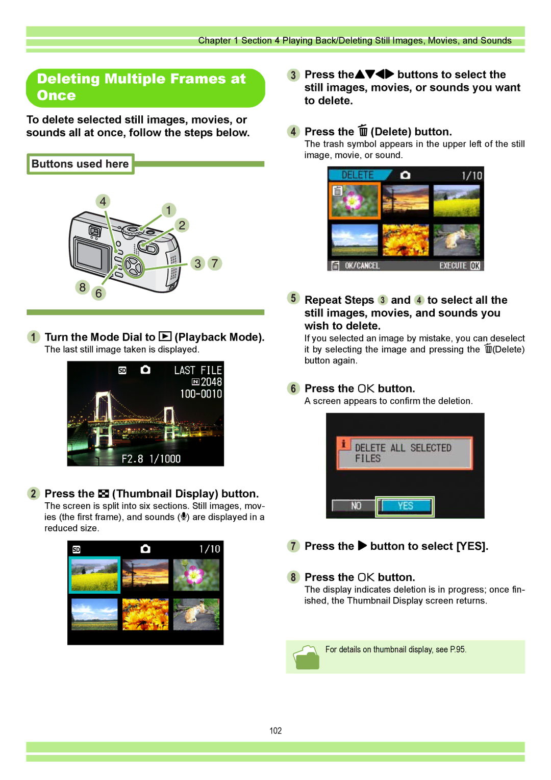 Ricoh CAPLIO G4 WIDE, CAPLIOG4 operation manual Deleting Multiple Frames at Once, Press the 9Thumbnail Display button 