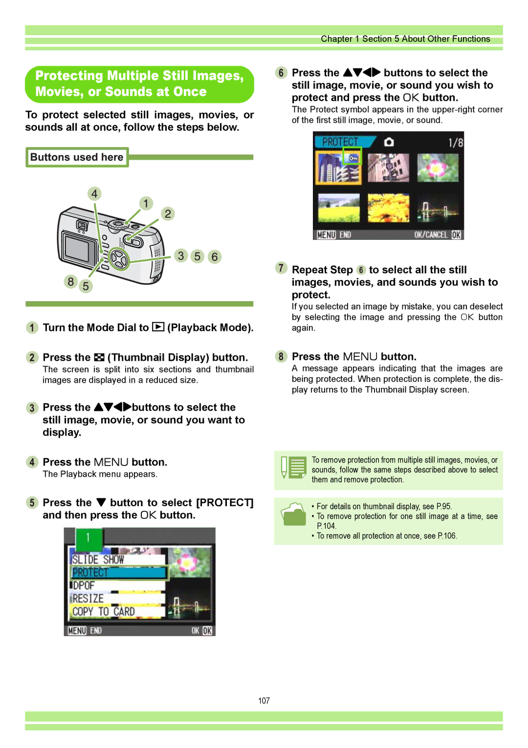 Ricoh CAPLIOG4, CAPLIO G4 WIDE operation manual Protecting Multiple Still Images, Movies, or Sounds at Once 