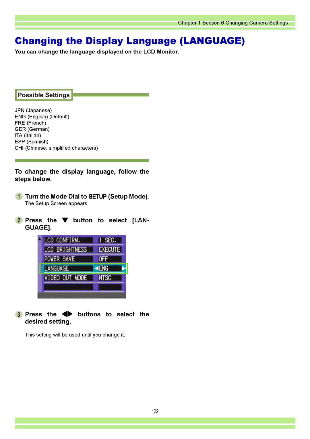 Ricoh CAPLIO G4 WIDE, CAPLIOG4 operation manual Changing the Display Language Language, Press the button to select LAN 