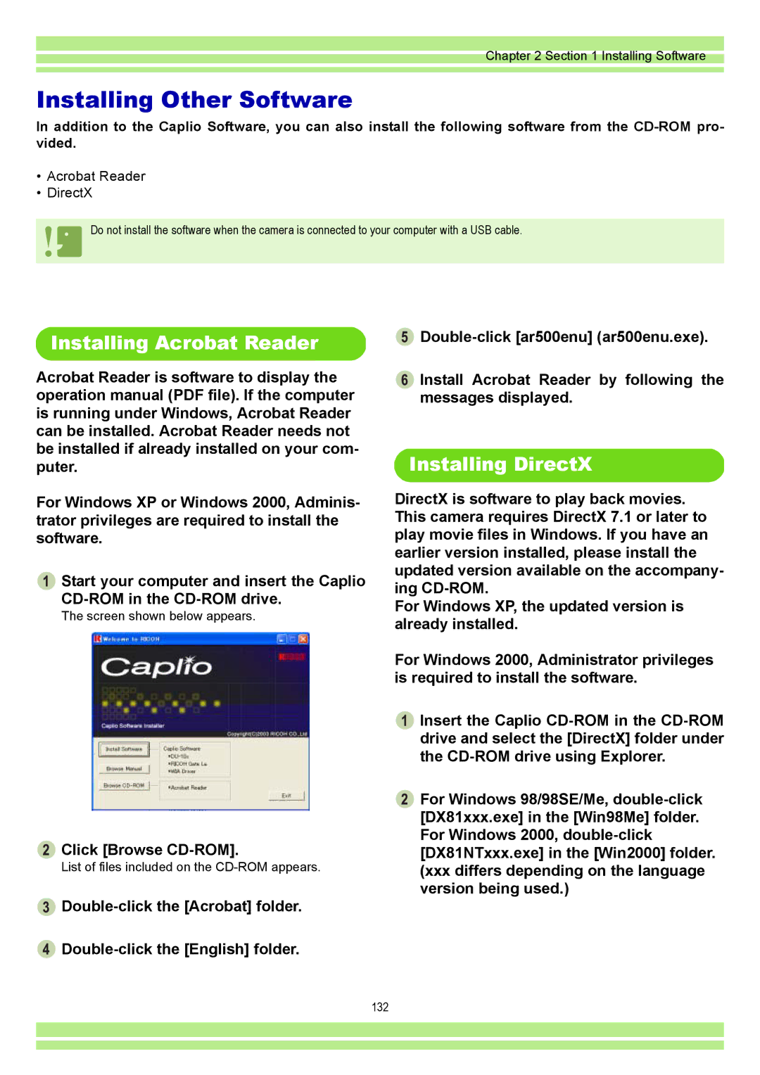 Ricoh CAPLIO G4 WIDE Installing Other Software, Installing Acrobat Reader, Installing DirectX, Click Browse CD-ROM 