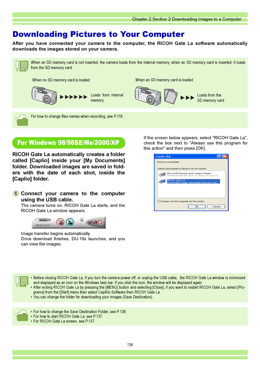 Ricoh CAPLIO G4 WIDE, CAPLIOG4 operation manual Downloading Pictures to Your Computer, For Windows 98/98SE/Me/2000/XP 