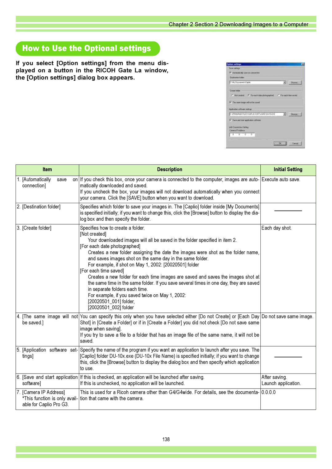 Ricoh CAPLIO G4 WIDE, CAPLIOG4 operation manual How to Use the Optional settings, Description Initial Setting 