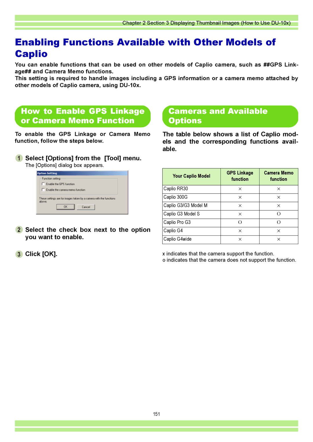 Ricoh CAPLIOG4 Enabling Functions Available with Other Models of Caplio, How to Enable GPS Linkage or Camera Memo Function 