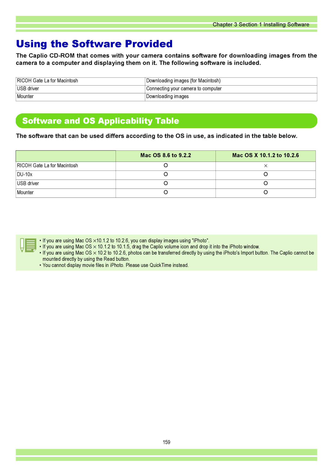 Ricoh CAPLIOG4, CAPLIO G4 WIDE operation manual Software and OS Applicability Table, Mac OS 8.6 to Mac OS X 10.1.2 to 