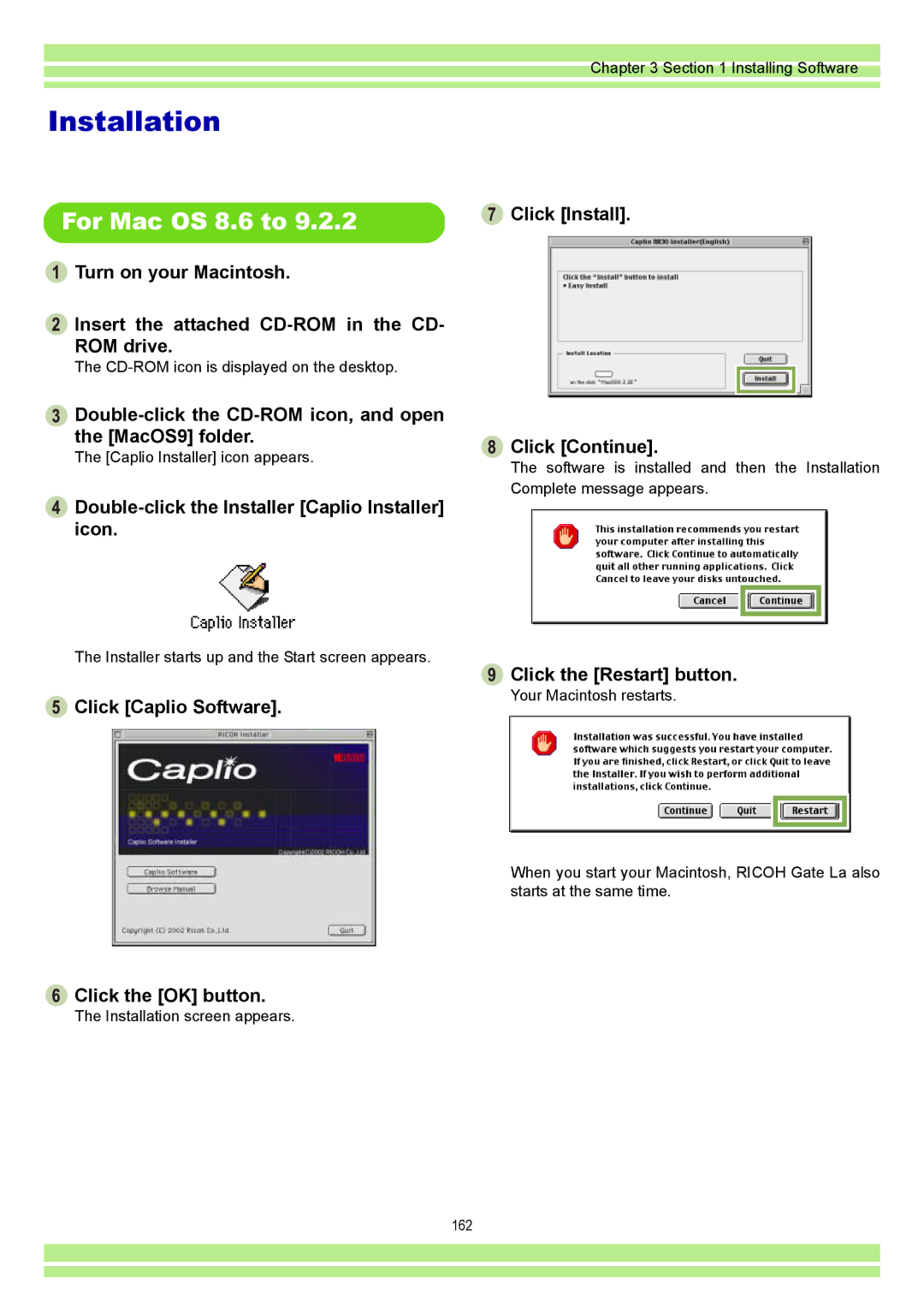 Ricoh CAPLIO G4 WIDE For Mac OS 8.6 to, Double-click the CD-ROM icon, and open the MacOS9 folder, Click the Restart button 