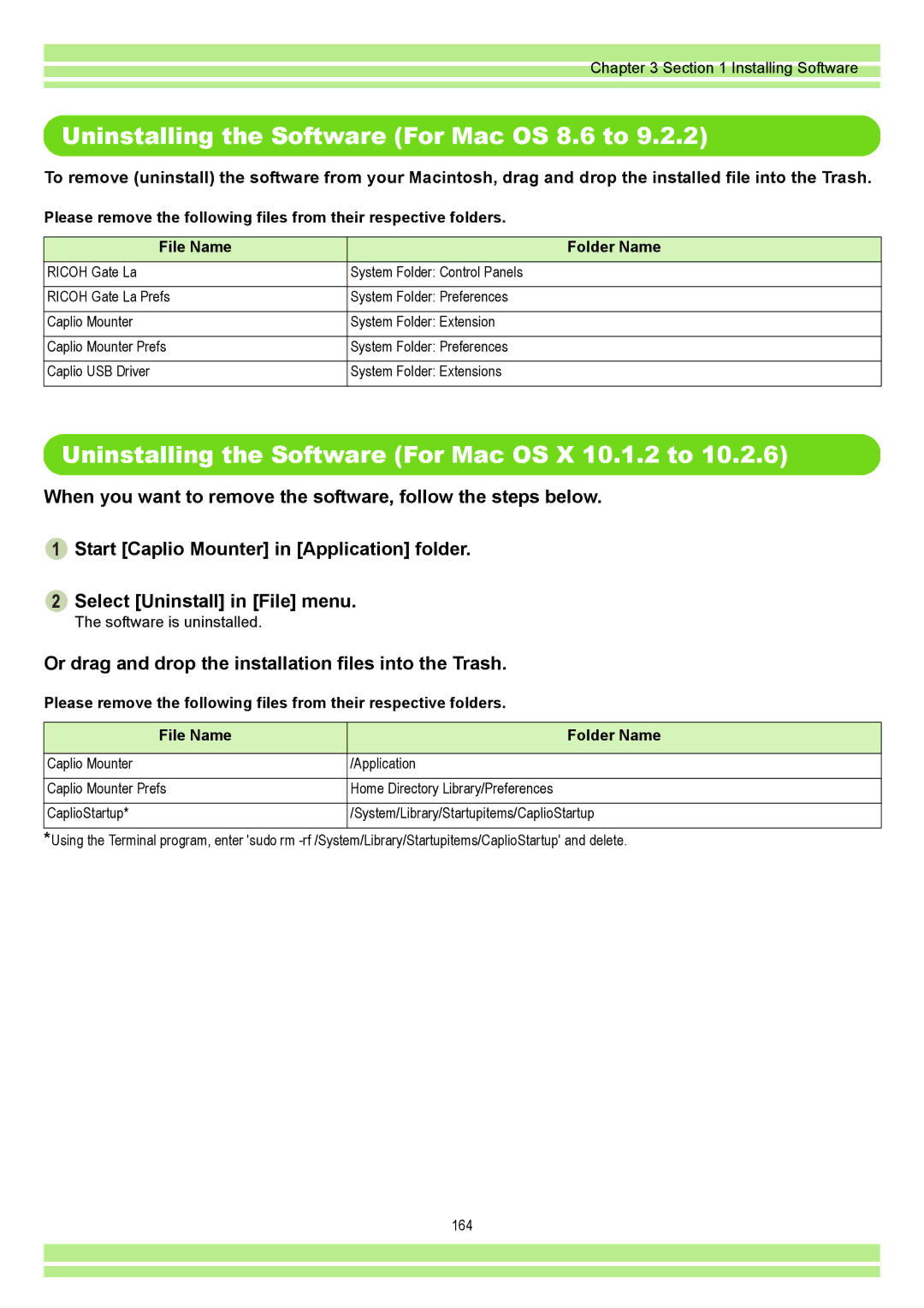 Ricoh CAPLIO G4 WIDE Uninstalling the Software For Mac OS 8.6 to, Uninstalling the Software For Mac OS X 10.1.2 to 