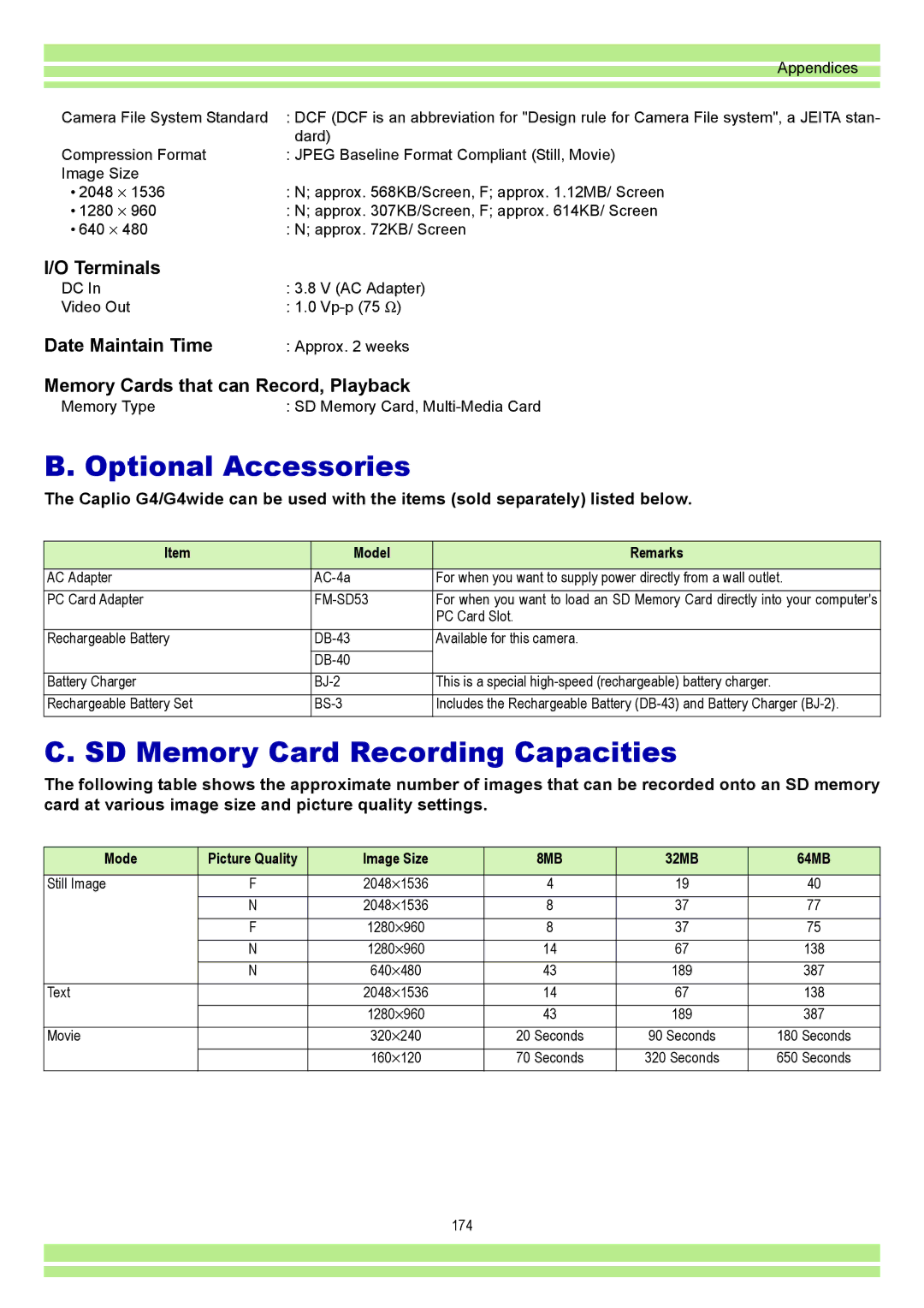 Ricoh CAPLIO G4 WIDE, CAPLIOG4 Optional Accessories, SD Memory Card Recording Capacities, Terminals, Date Maintain Time 