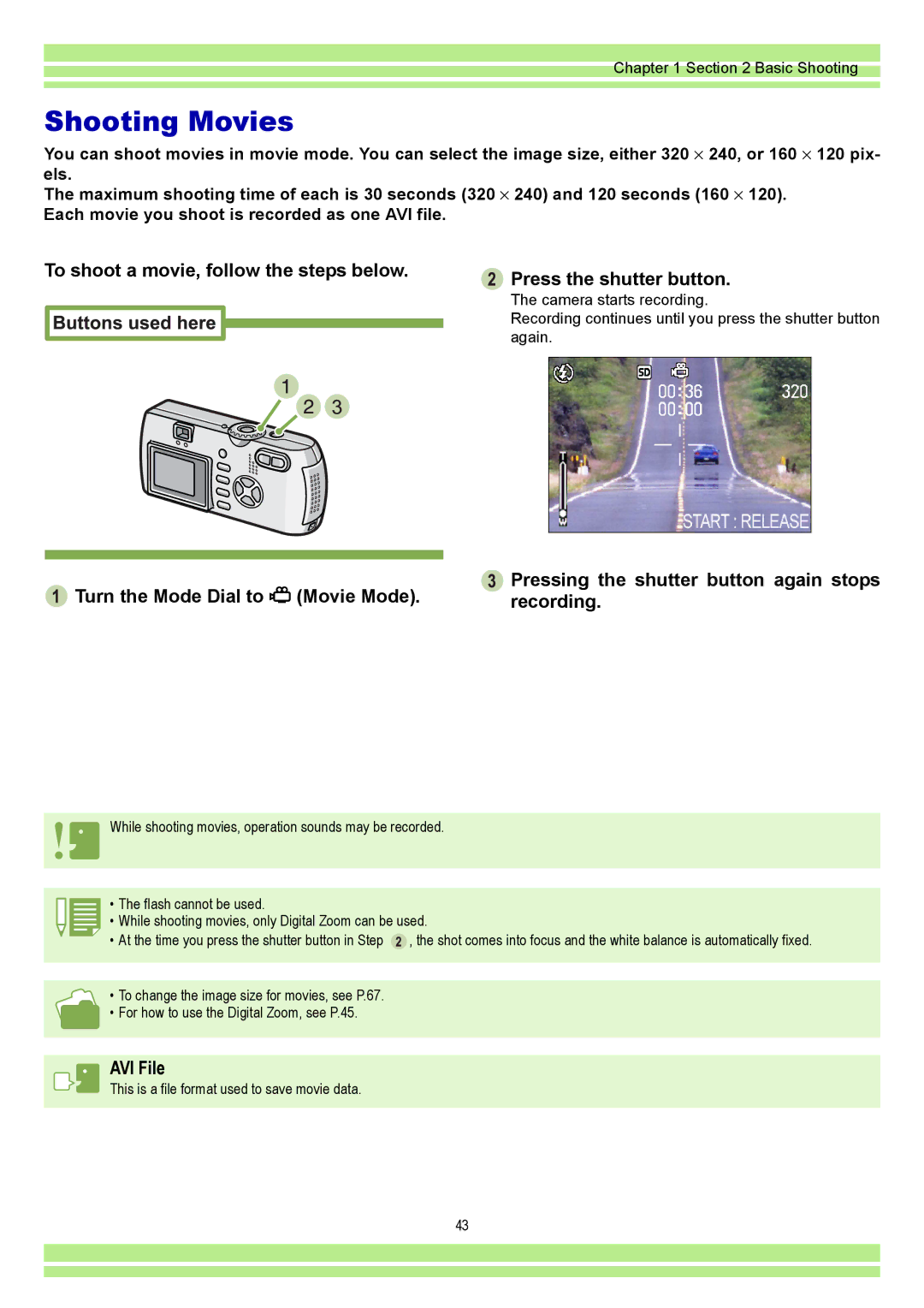 Ricoh CAPLIOG4, CAPLIO G4 WIDE operation manual Shooting Movies, Pressing the shutter button again stops recording, AVI File 