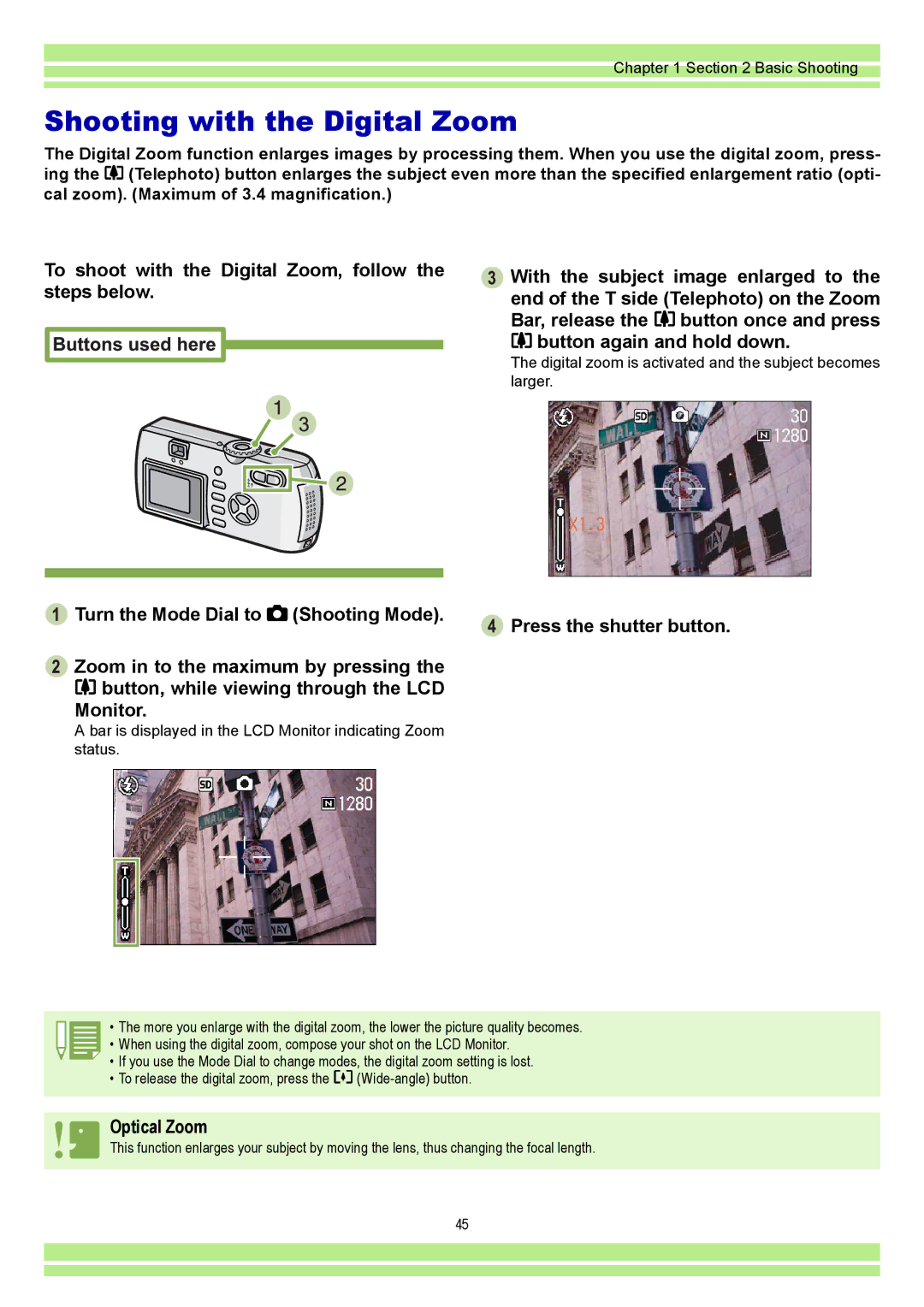 Ricoh CAPLIOG4, CAPLIO G4 WIDE operation manual Shooting with the Digital Zoom, Optical Zoom 